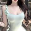 Royal Sister Gentle Wind Temperament Hip Suspender Dress Summer Green Asymmetrical Three-dimensional Flower Slim Fishtail Dress