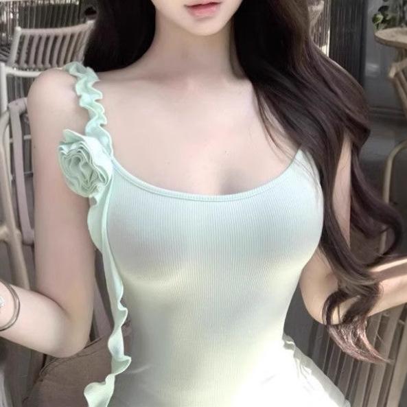 Royal Sister Gentle Wind Temperament Hip Suspender Dress Summer Green Asymmetrical Three-dimensional Flower Slim Fishtail Dress