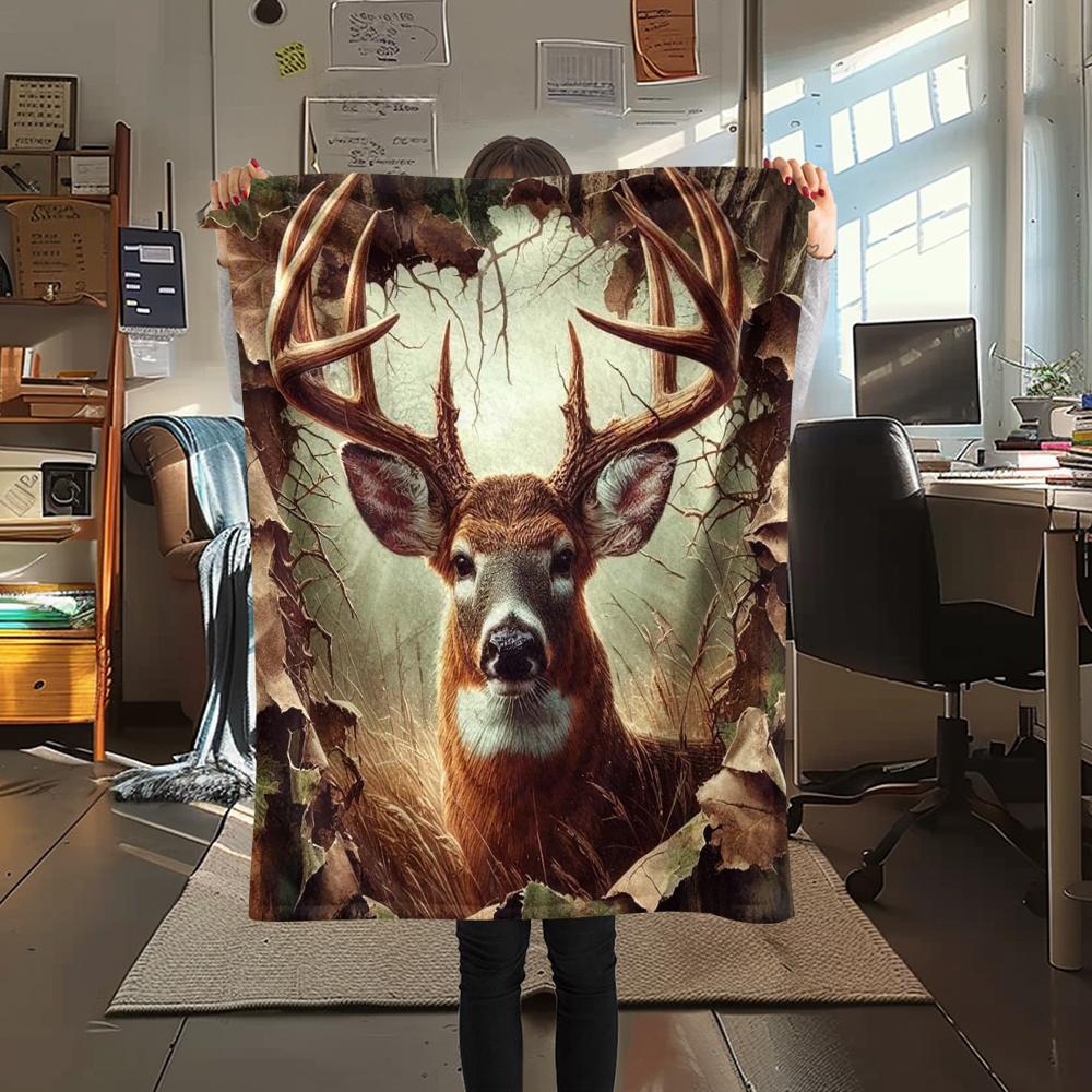 1Pc Deer in Forest Print Flannel Blanket, High quality Comfortable for All Seasons, Home Decor, Warmth and Comfort, Perfect for Gifts