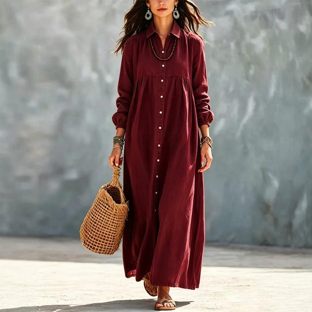 Women's Color Long Shirt Dress with Turn-Down Collar and Single-Breasted Button Front for Casual Wear