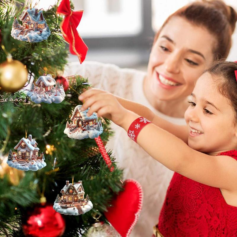 Village House Ornaments Acrylic Ornament With Christmas Tree Design Charming Snow House Pendant For Family Holiday Decoration
