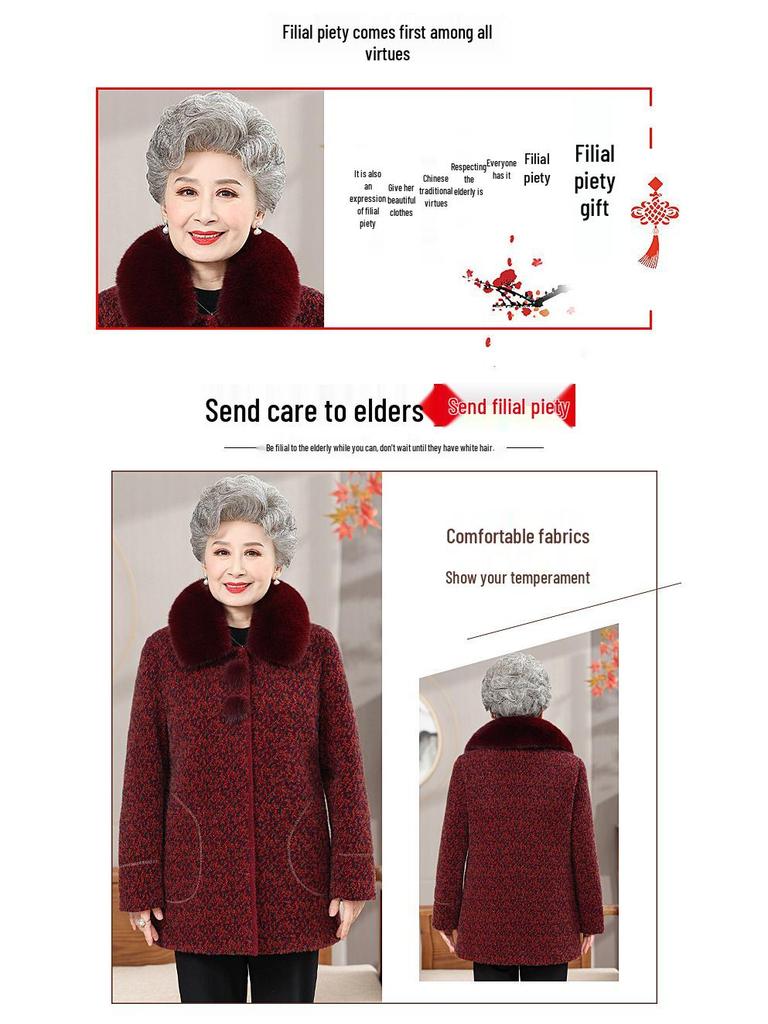 Elderly Women's Mid-Length Winter Coats: Cotton Padded, Fleece-Lined Outerwear