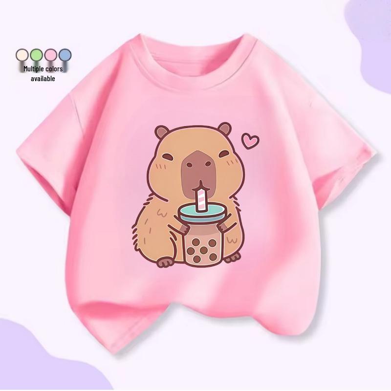Unisex Kids’ Cute Capybara Milk Tea Cartoon T-Shirt - Loose Summer Casual Short Sleeve Top