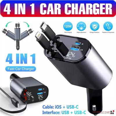 120W Retractable Car Charger 4 In 1 USB C Fast Charging Car Socket Charger Adapter for iPhone Xiaomi Huawei Samsung