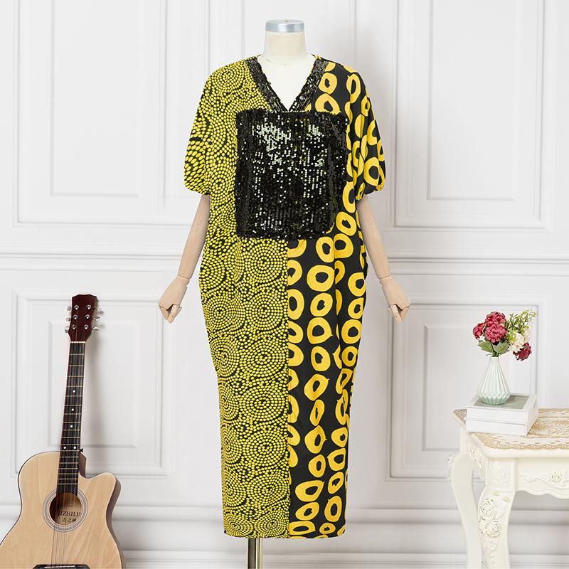 Oversized Women V Neck Half Sleeve Geometric Print Stitching Casual LooseDress