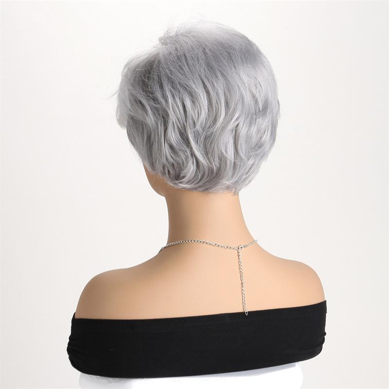 Synthetic Mixed Old Woman Wig Ombre Short Wave Hair Natural Layered Grandmother Wigs with Bangs Cosplay Costume