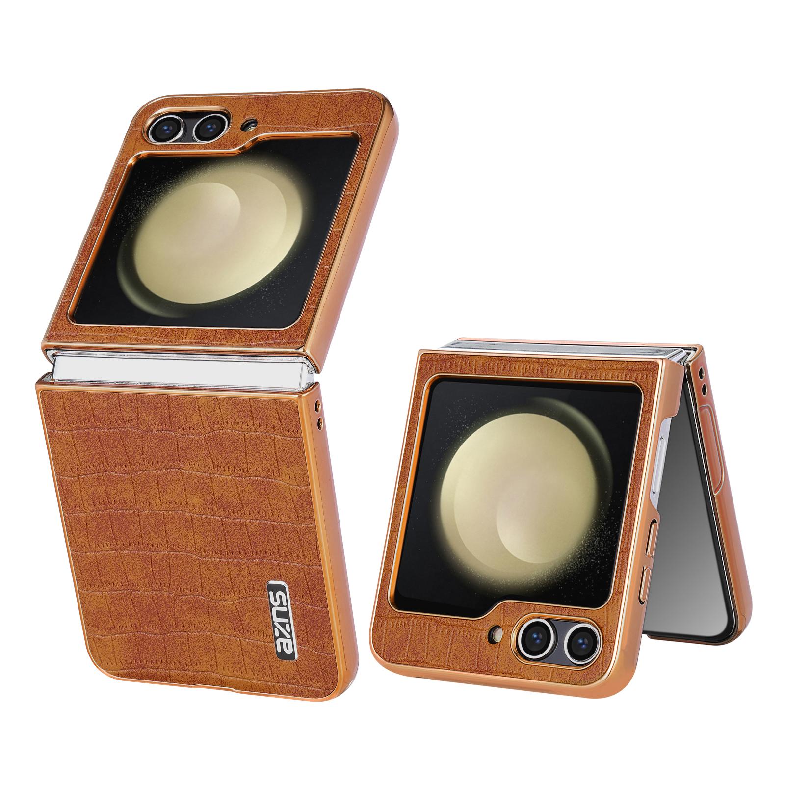 

AZNS For Samsung Galaxy Z Flip6 5G Case Crocodile Pattern PU Leather Phone Cover Brown