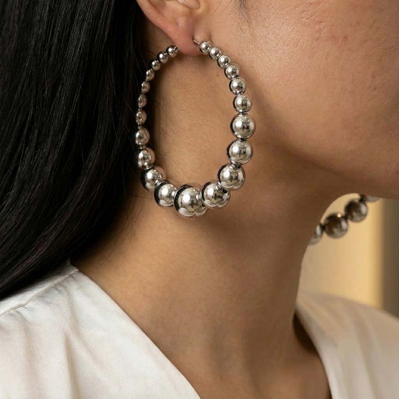 Exaggerated Metal CCB Round Ball Beads Hoop Earrings for Women Fashion Silver Color Large Circle Geometric Earrings Jewelry Gift