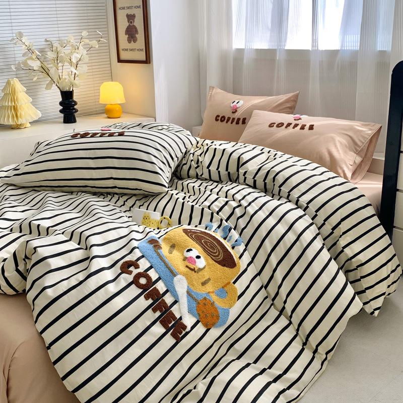 Washed Pure Cotton 4Pcs Set Cotton Towel Embroidered Quilt Cover Soft Skin-Friendly Bed Sheet Mattress