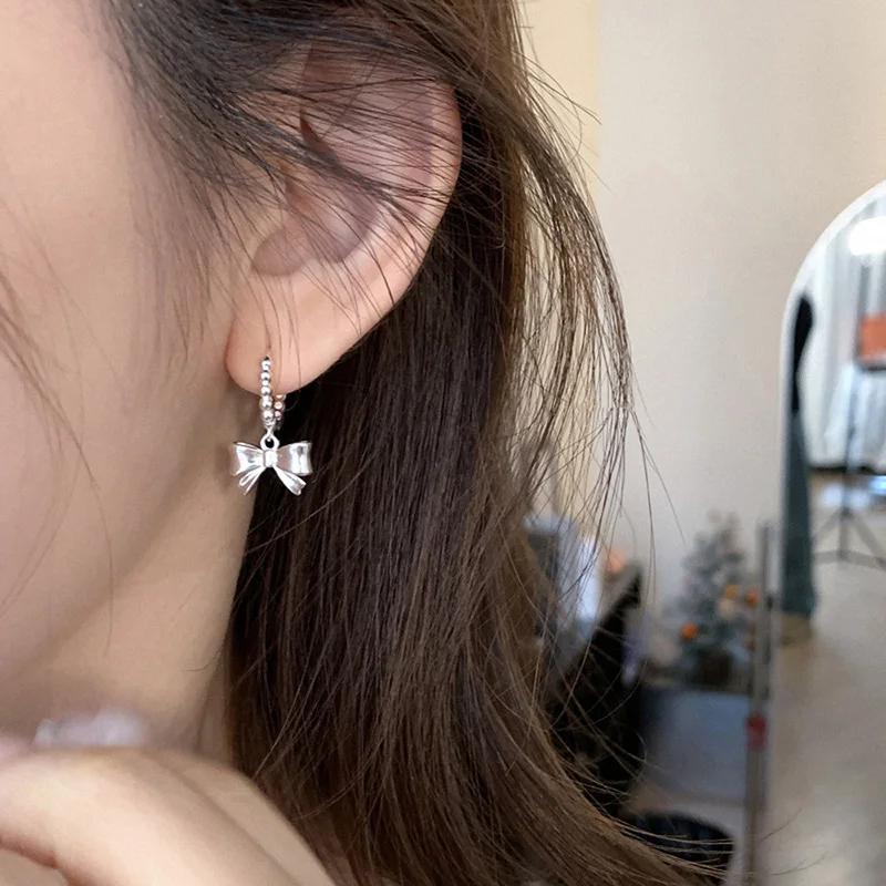 PONYKISS Sterling Silver Needle Minimalist Bowknot Hoop Earrings for Women Cute Fashion Light Luxury Accessories
