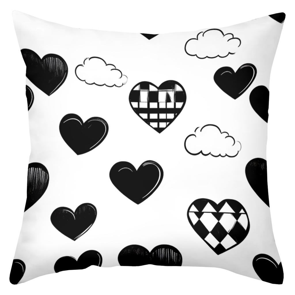 2D Flat Printing Black And White Heart Pattern Decorative Throw Pillows Polyester Pillowcase, Sofa Decorative Cushion Cov