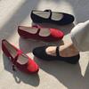 IPPEUM Red Velvet Ballet Flats Shoes Women Buckle Round Toe Ballerinas Zapatos Mujer Mary Janes Shoes