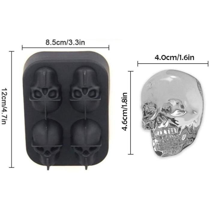 Ice Cube Tray - AN - 3D Skull Mold - Silicone - Lid - Black