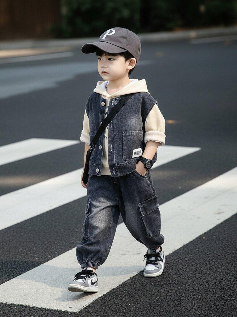 Koreanischer Stil Jungen Frühling/Herbst 2026 Jeansweste 3-teiliges Set - Cooles und hübsches Hemd für Kinder