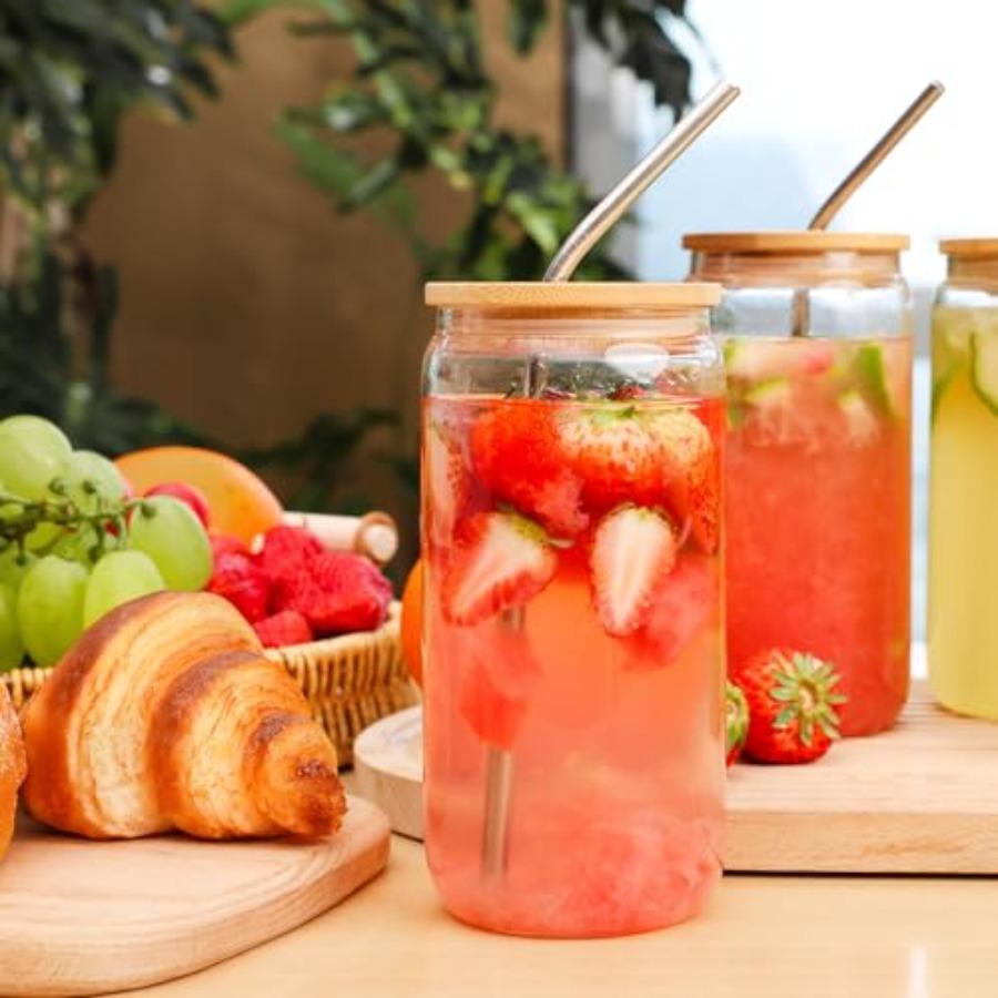 20Pcs Glass Cups With Bamboo Lids and Straws, 16Oz Ice Coffee Cup, Drinking Glasses Cups Set, Water Bottles Glasses for Juicing