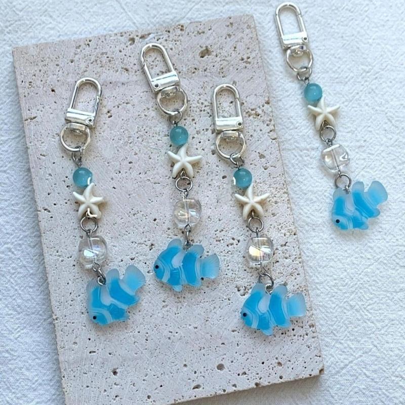 Handmade Beaded Phone Chain Fish Cellphone Charm Acrylic Keyring Pendant Mobile Phone Charm Detachable Bag Accessory