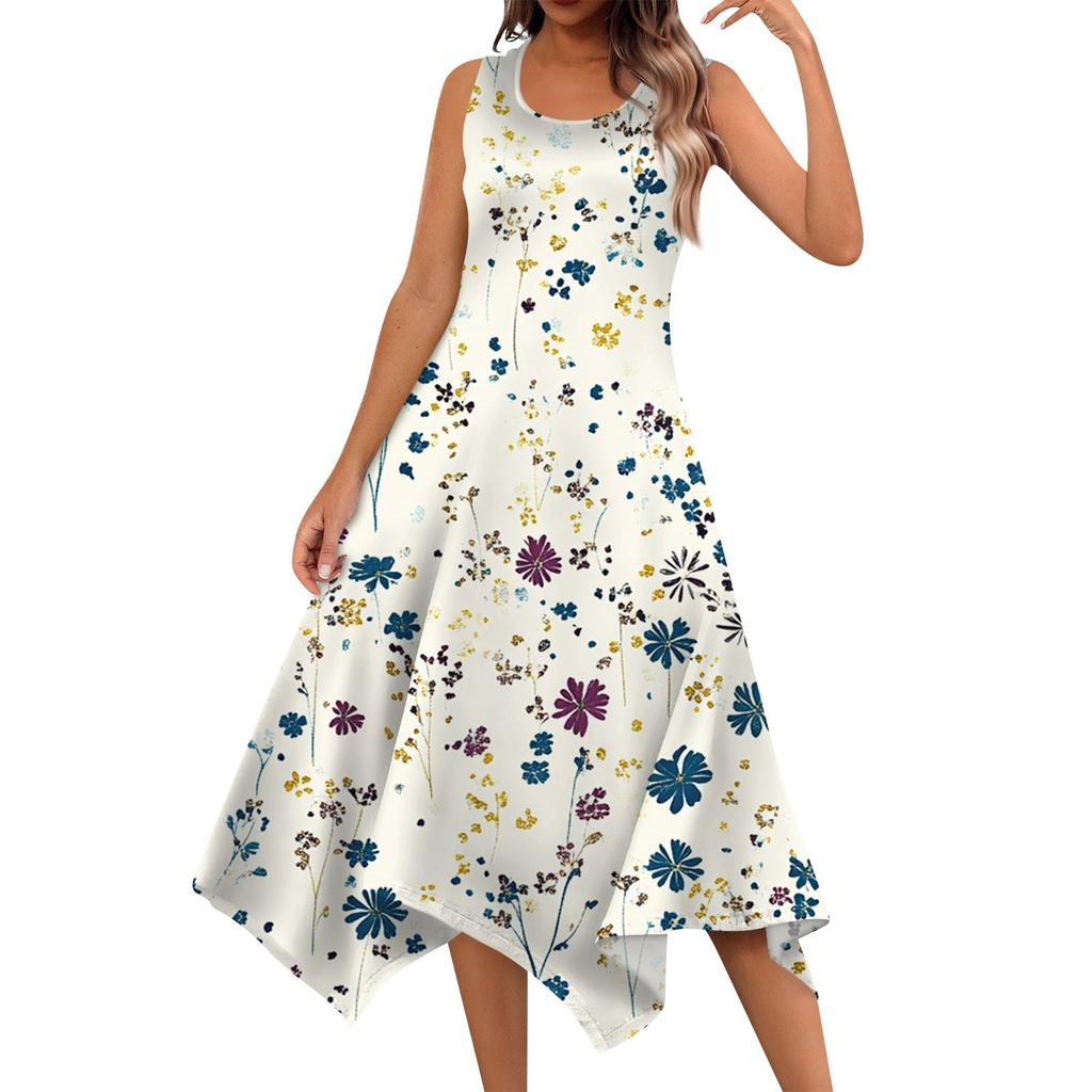 Women's Casual Fashion Round Neck Sleeveless Floral Print Irregular Hem Midi Dress