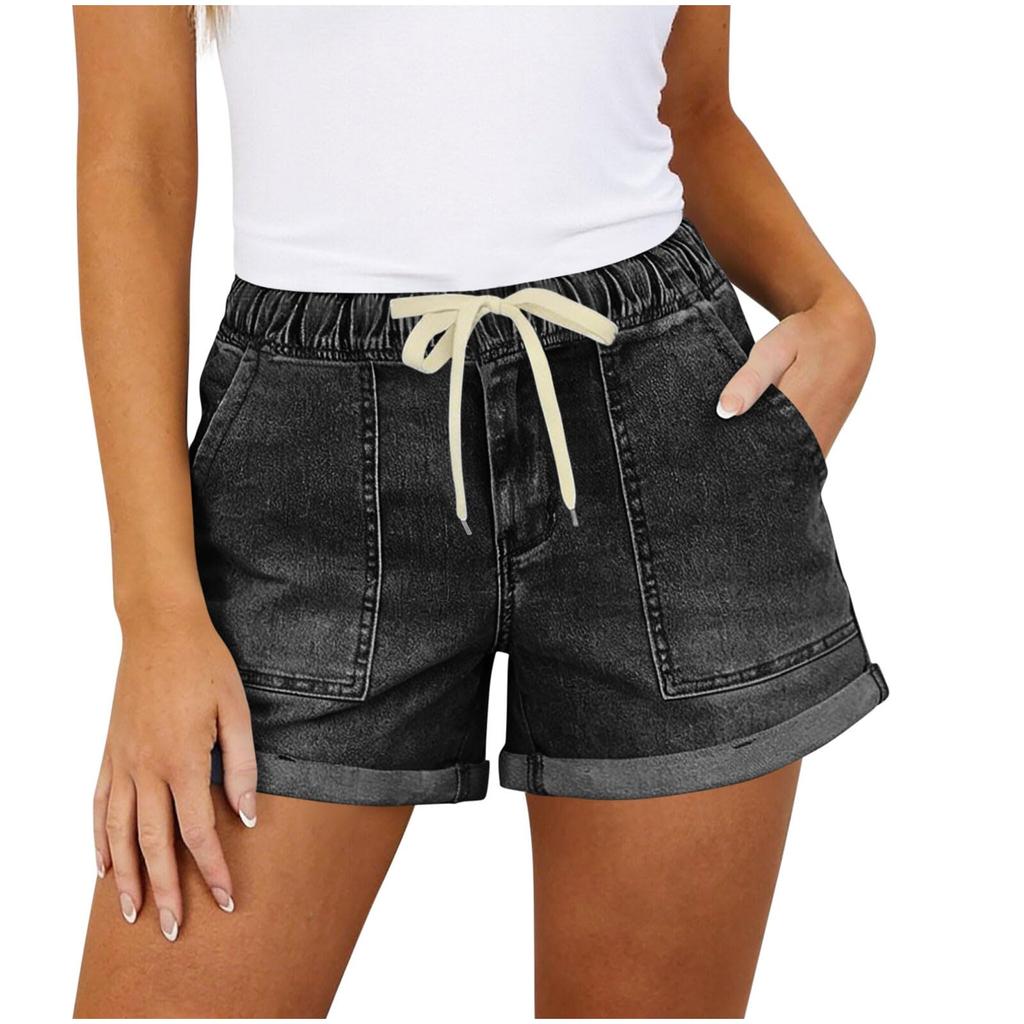 Shorts Jeans Feminino Casual com Cintura de Cordão, Barra Dobrada e Bolsos Frontais Grandes para Uso Diário