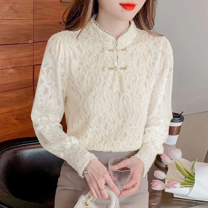 Women's Autumn/Winter Slim Fit Lace Stand Collar Shirt with Velvet Tummy Covering Top