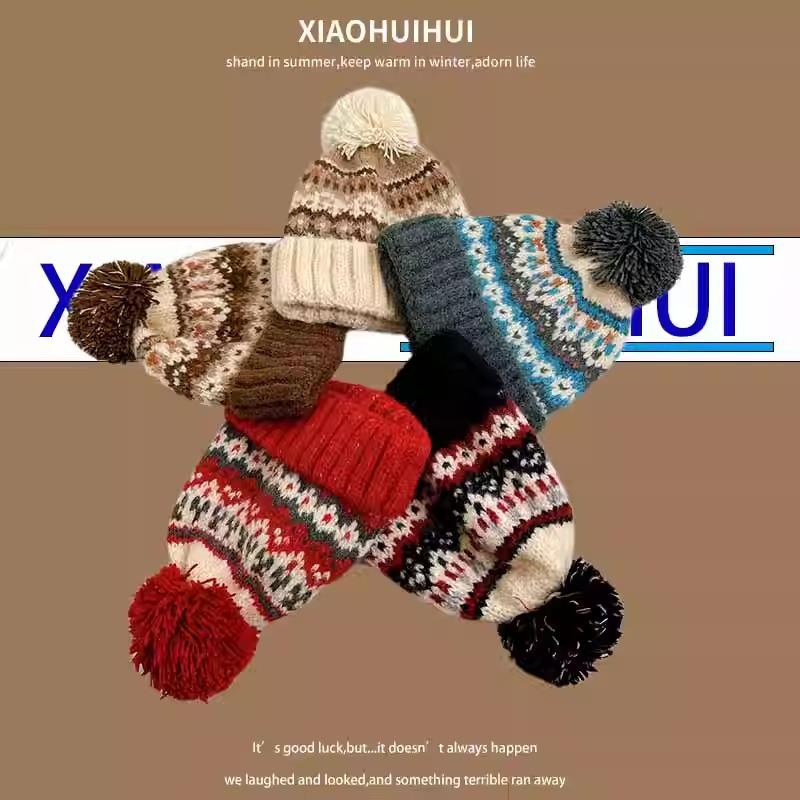 Japanese Fair Island Style Jacquard Hairball Knitted Hat For Men And Women Warm Winter Casual Ear Protection Skull Beanie Cap