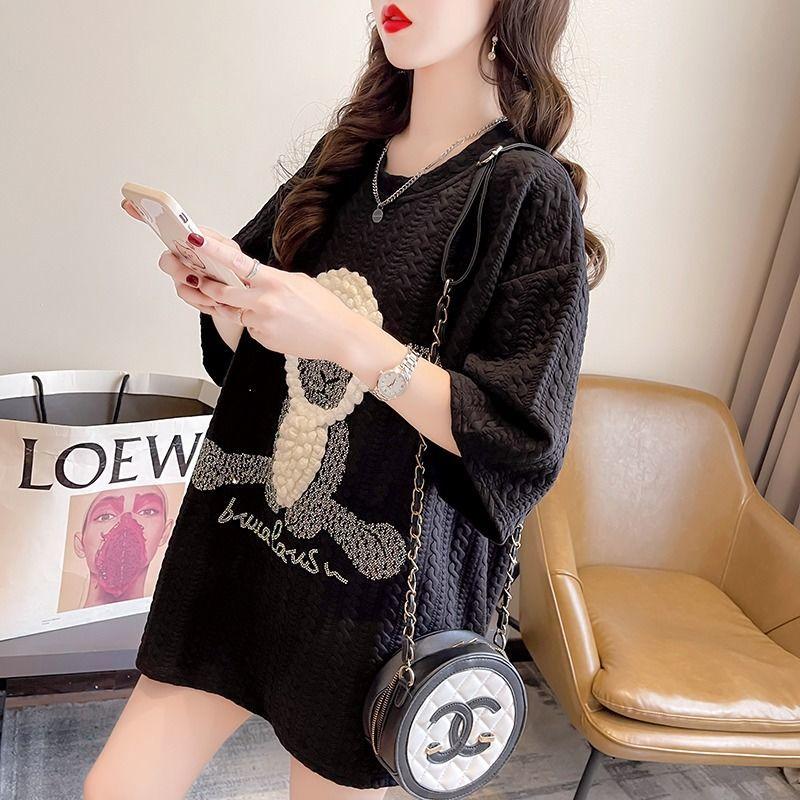 New Summer Fashion Trend Casual Loose Fitting Lamb Embroidery Hot Diamond Mid Length Oversize Short Sleeved T-shirt