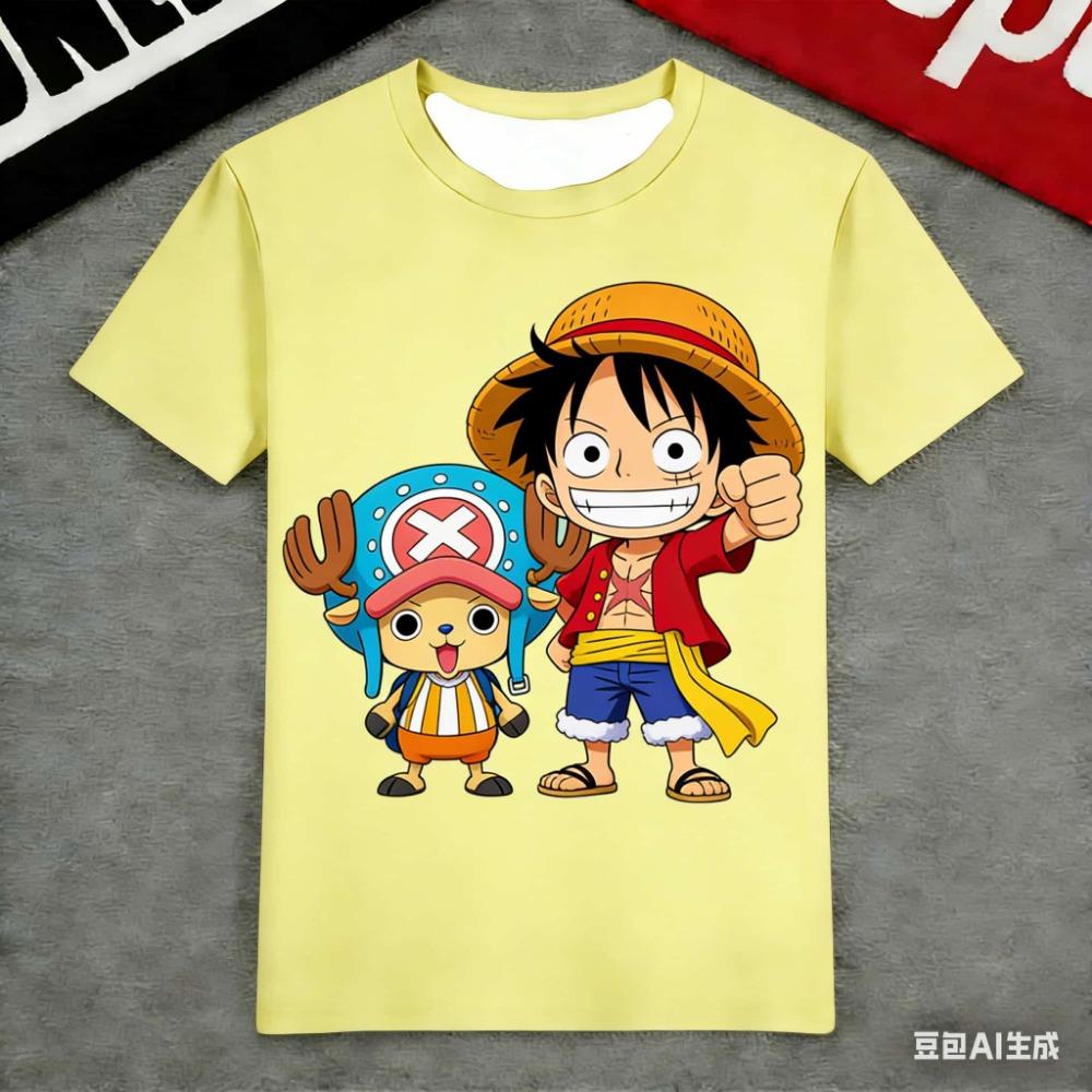 One Piece Monkey D. Luffy & Tony Tony Chopper Süßer Chibi Print T-Shirt Schnelltrocknend Kinder Fan Geschenk Outdoor Sport Streetwear