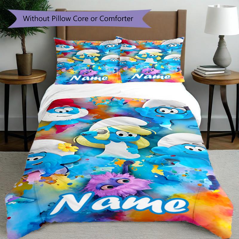 3pcs Duvet Cover Set (1*Duvet Cover + 2*Pillowcase, Without Core), Custom Name Blue Smurfs Pattern Bedding Set, Home Bedroom Decor Gift