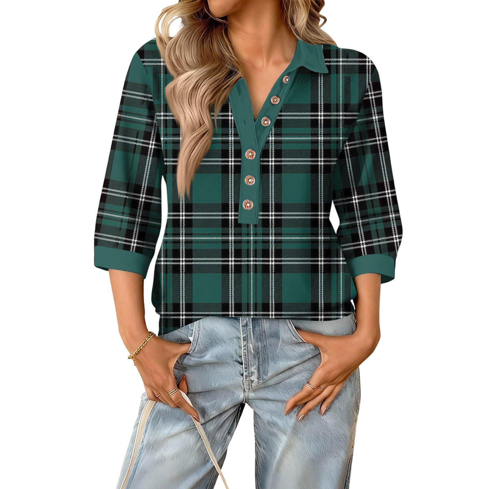 

Women s fashionable and casual summer V,neck patchwork three,quarter sleeve plaid print top S зелений