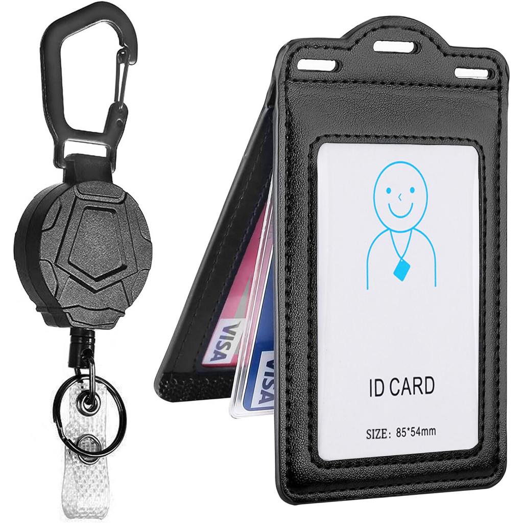 Retractable Reel Heavy Duty Carabiner Leather Card Badge Holders and Clear ID Window for Office Staffs Student Teacher Couriers
