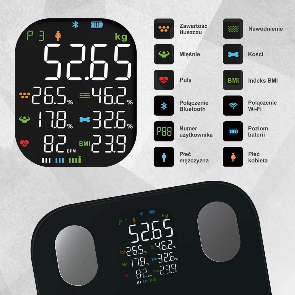 Waga łazienkowa z pomiarem tkanki tłuszczowej i składu ciała, Smart, BT,  KLAUSBERG KB-7854 czarna