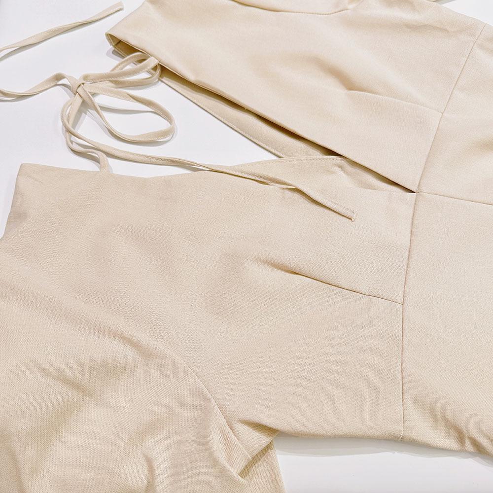 Simple Linen V-neck Puff Sleeve Backless Tie Dress Spring and Autumn Long Dress