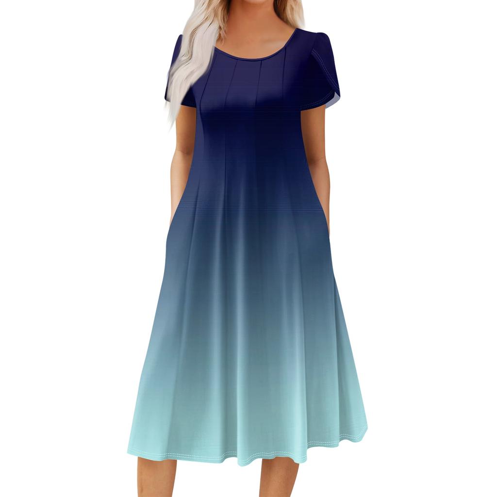 Women's Casual Fashion Round Neck Printed Short Sleeve Pocket Dress