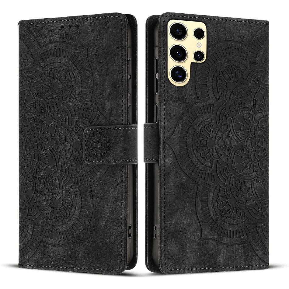 

For Samsung Galaxy S24 Ultra Leather Case WANLONFENG HDM Series Mandala Imprint Wallet Stand Phone Cover Black