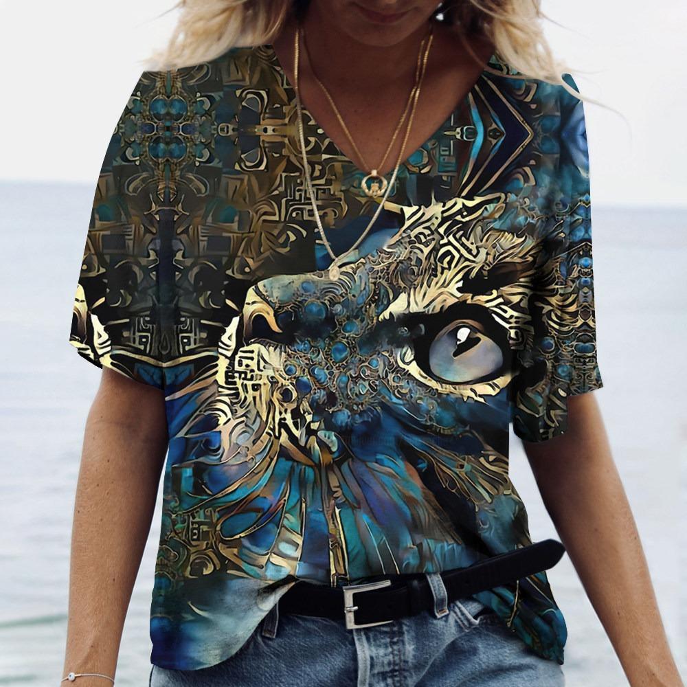 V Neck Tshirt Streetwear Y2k Clothes Women Summer Casual Oversize Dazzle Color Cats Print Shirt Short Sleeve Top Vintage Female