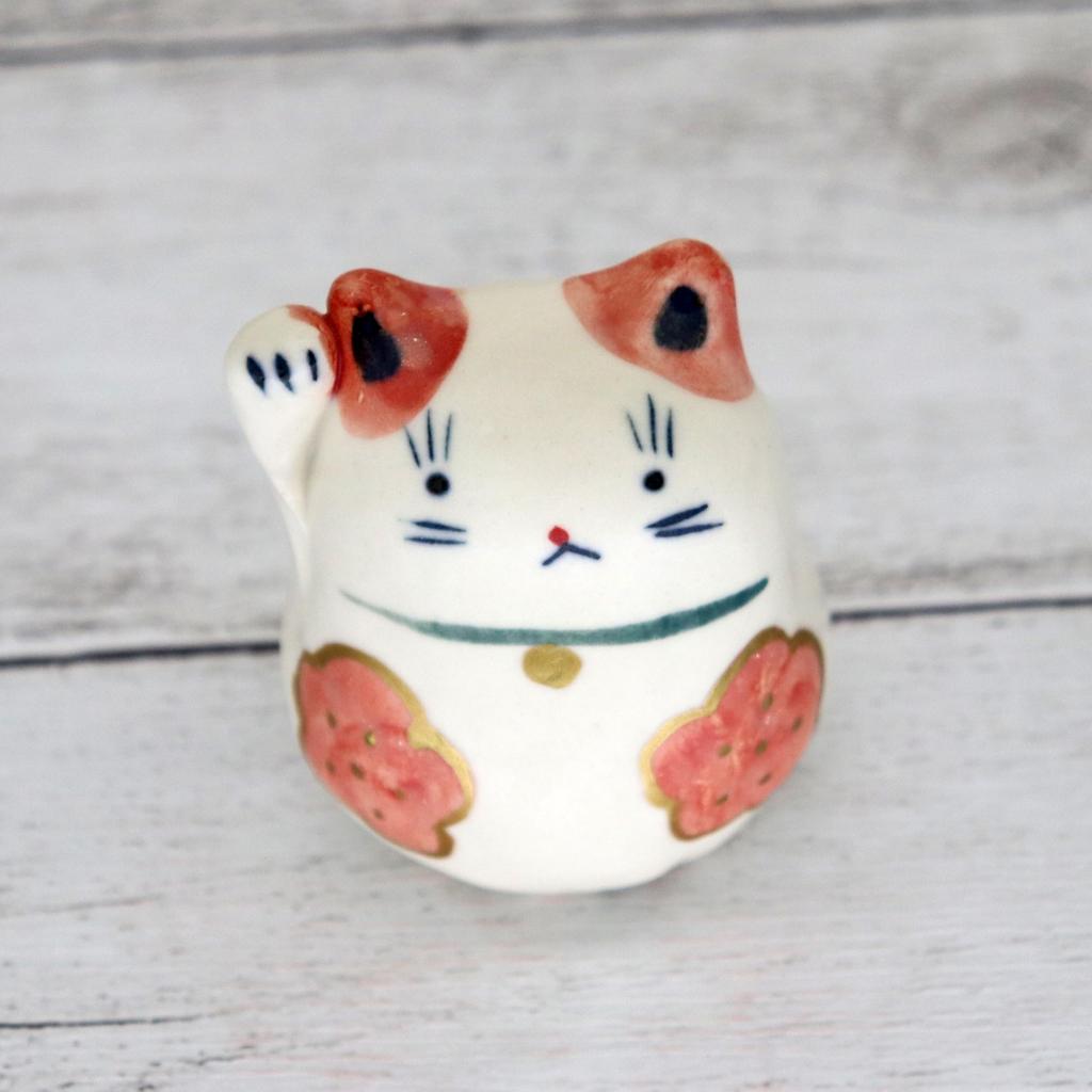 Craftsman House Good Luck Made In Japan Hand-painted Maneki-neko (Red Flower)