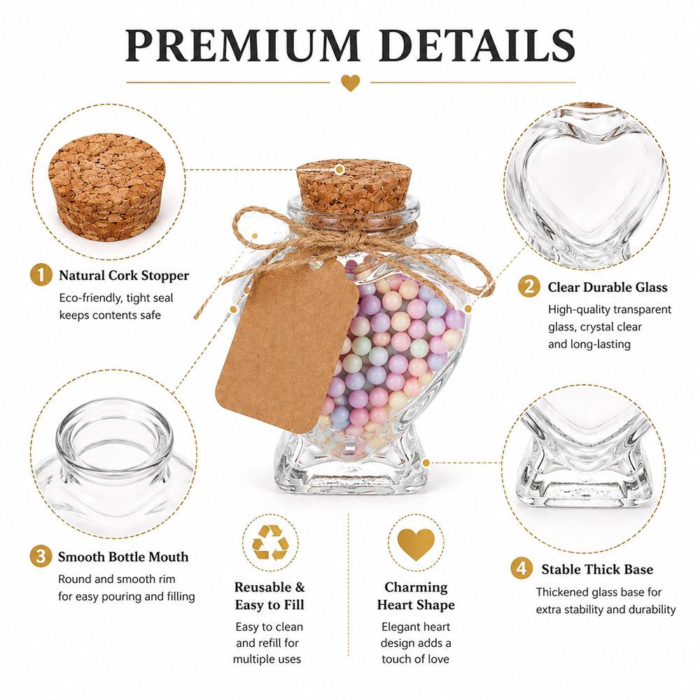 60ml Heart Shaped Candy Glass Jars Wedding Favor Jars Wish Drifting Bottle for Candy Spices Christmas Valentine's Day