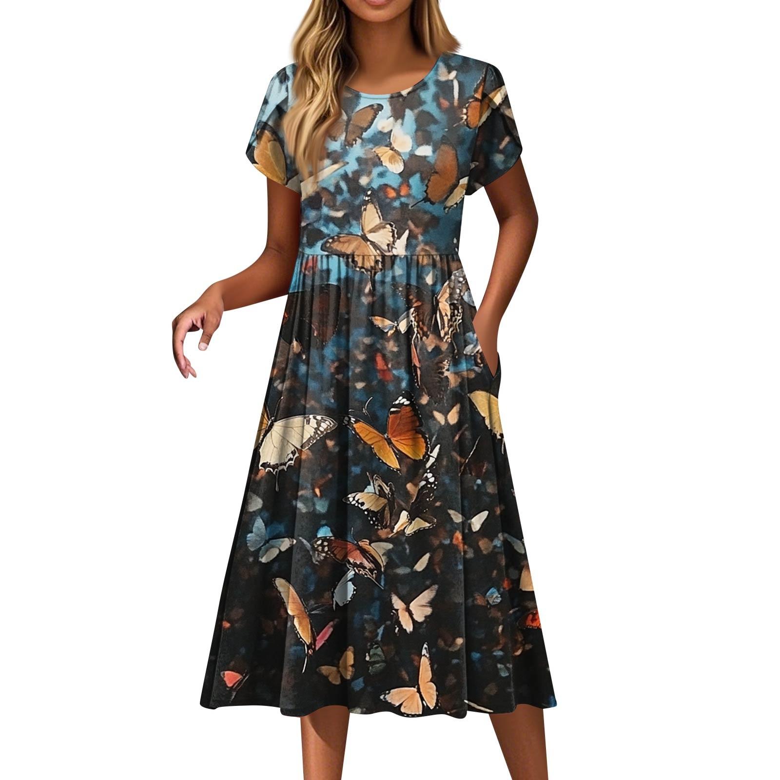 

Женские платья с узором «бабочка» и круглым вырезом, с коротким рукавом S тёмно-синий