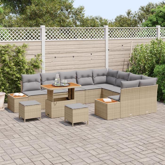Ensemble de sofa de jardin 12 pièces avec coussins beige poly rotin acacia vidaXL, Ensemble de salle à manger de jardin 3362957
