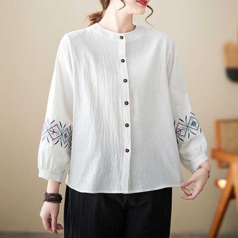 Roupas de primavera, algodão, linho, manga comprida, camisa feminina plus size, roupas de meia-idade, indústria pesada, bordado, flor, gola redonda, cardigan