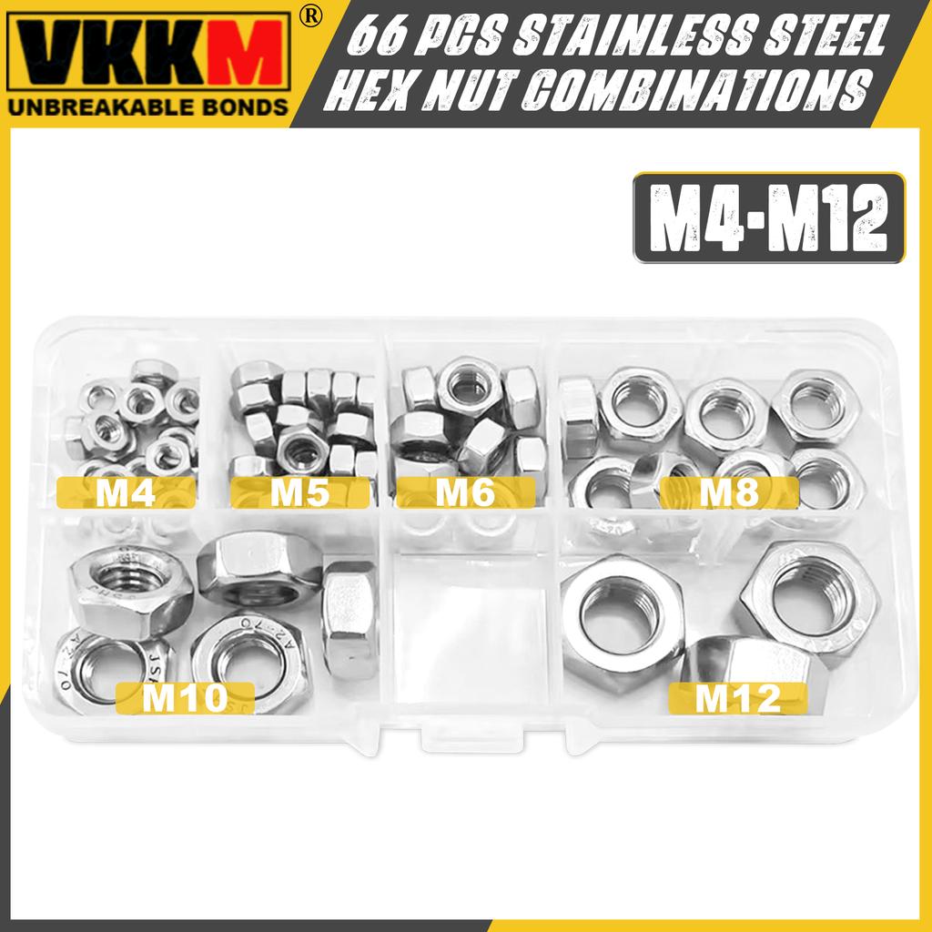66pcs Hex Nuts M4 M5 M6 M8 M10 M12, Metric 304 Stainless Steel 6 Sizes, Coarse Thread Hex Nuts
