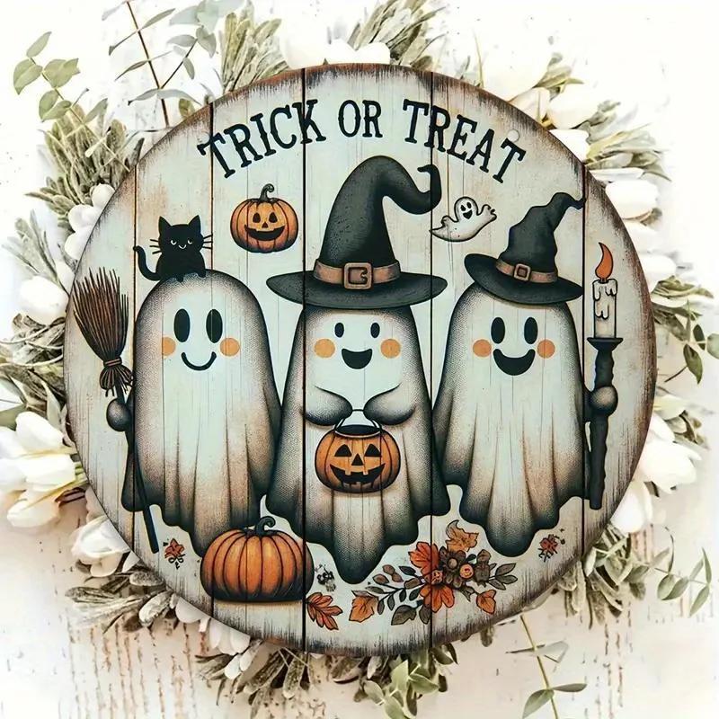 1 Pc 2D Creative Wooden Halloween Three Cute Ghost Broom Spoof Pumpkins 7.9Inch/20cm Round Hanging Sign Wall Door Decor Wall Art