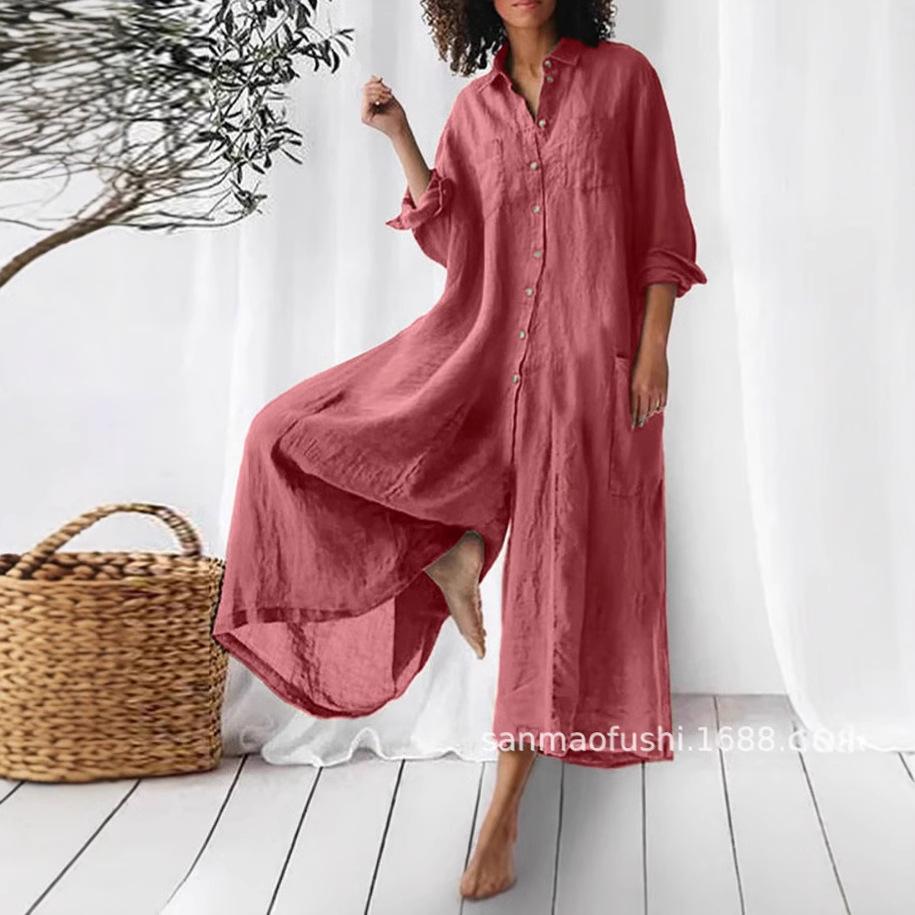 Effen kleur casual lange mouwen middellange en lange katoenen en linnen shirt jumpsuit dames