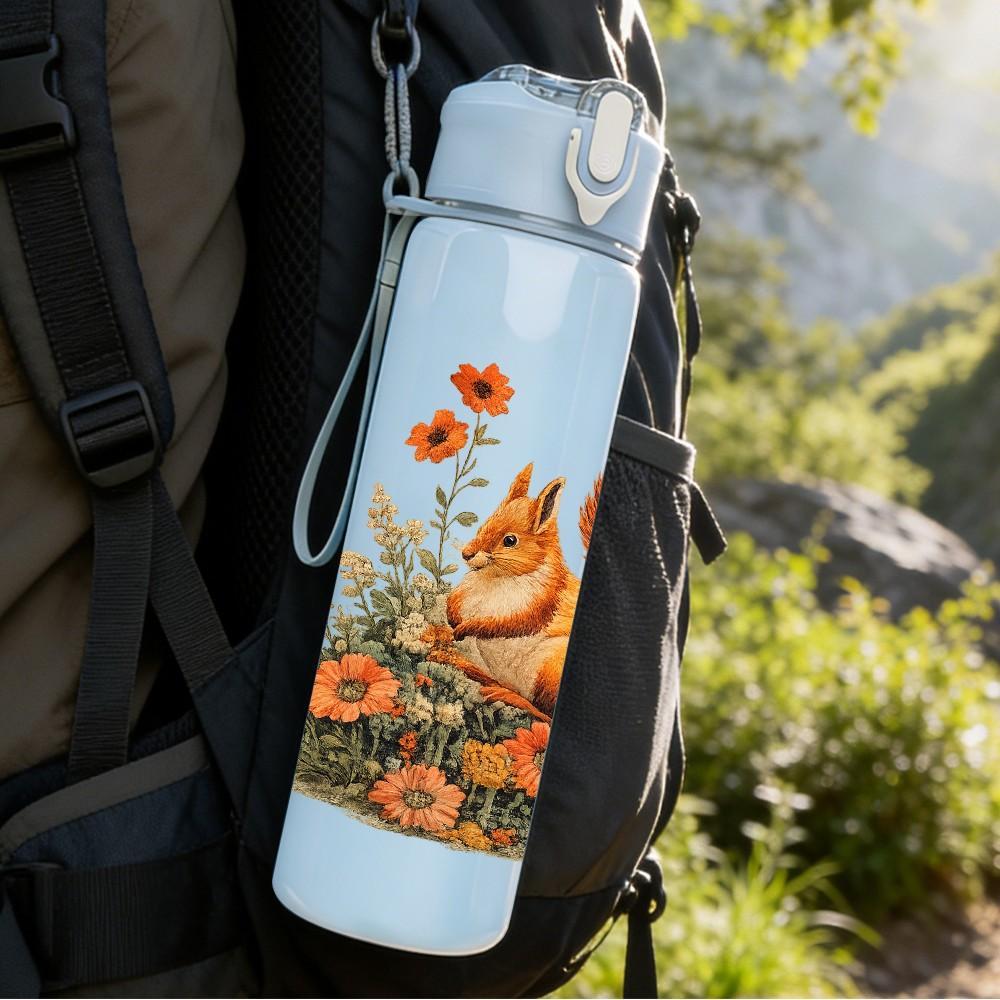 1PC Squirrel Autumn Harvest Scene Print 750ml Color Plastic Sports Water Bottle Leakproof Flip Straw Lid Suitable for Sports Office Home Use