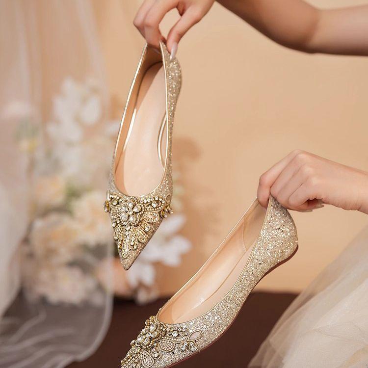 2025 new crystal wedding shoes bridal shoes Xiuhe wedding dress two wear pregnant women champagne flat shoes French single shoes