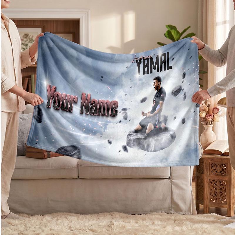 Coperta in pile personalizzata Lamine Yamal con logo del calcio, testo con nome personalizzato, morbida, calda, coperta da divano per la casa