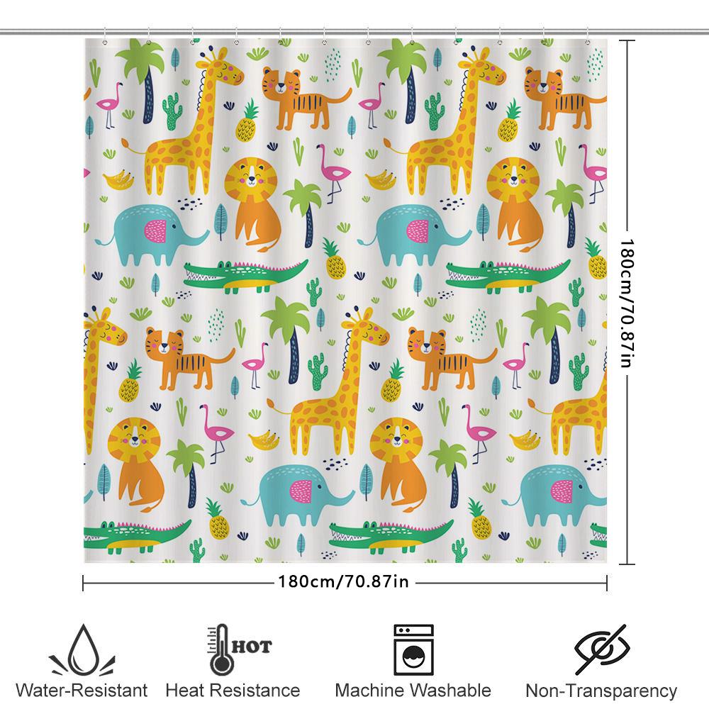 Conjunto de Cortina de Chuveiro Estampa Animal Desenho Animado Girafa Leão Elefante Hipopótamo Jacaré Tigre Rosa Cacto Plantas Verdes Decoração de Banho Multicolorido