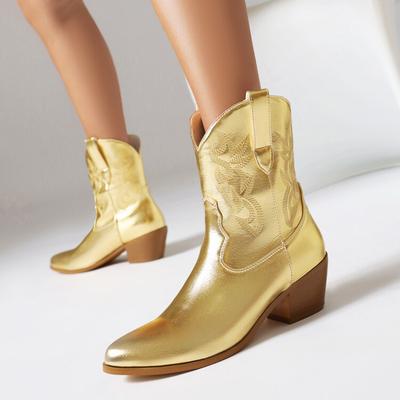 Big Size 49 50 Western Cowboy Boots Embroidered Gold Silver Pink Block Heel Slip-on Cowgirl Boots Autumn Winter Woman Shoes