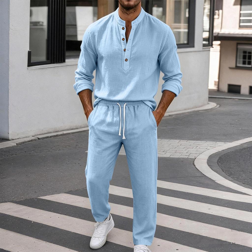 Men's Linen Long Sleeve Button-Up Shirt and Pants Set Loose Fit Casual Two Piece Outfit