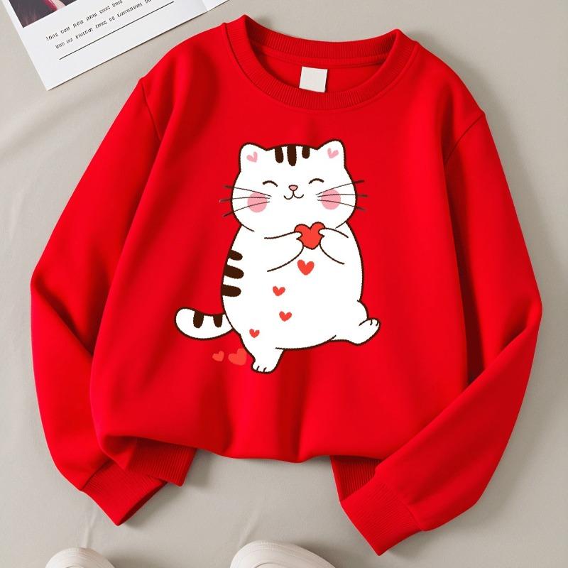 Kids Crewneck Long Sleeve Sweatshirt,Cute Cartoon White Kitten Holding Hearts Graphic Print