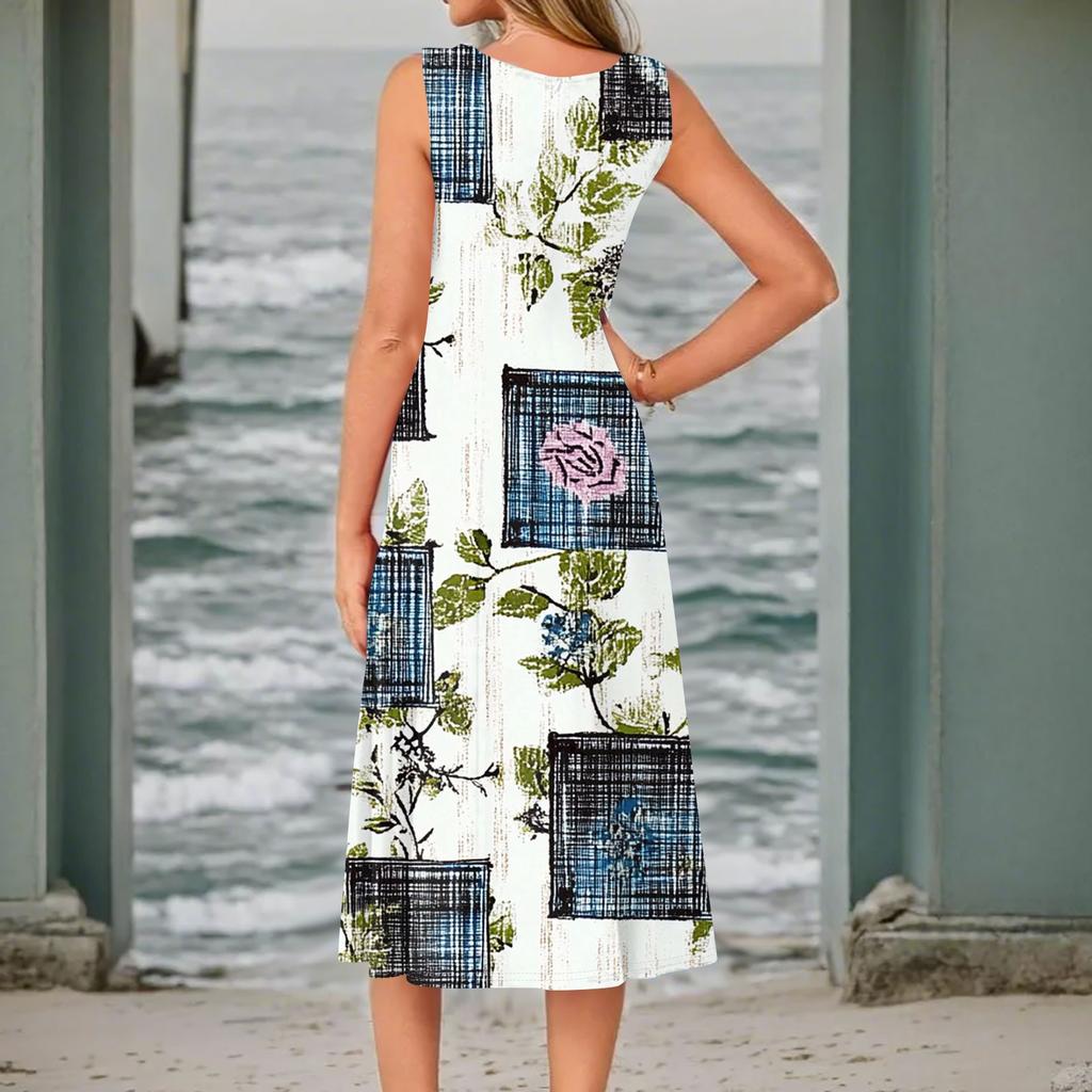 Women's Casual Fashion Floral Print Round Neck Sleeveless Solid Color Midi Dress